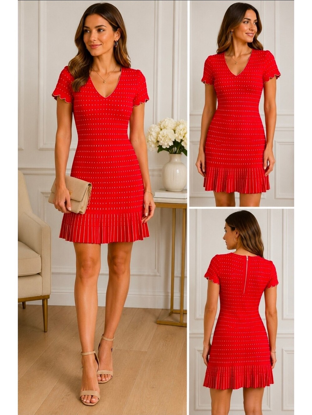 Ted Baker Maciiey Knit Dress Size 2 Red Gold Metallic V Neck Pleated Hem